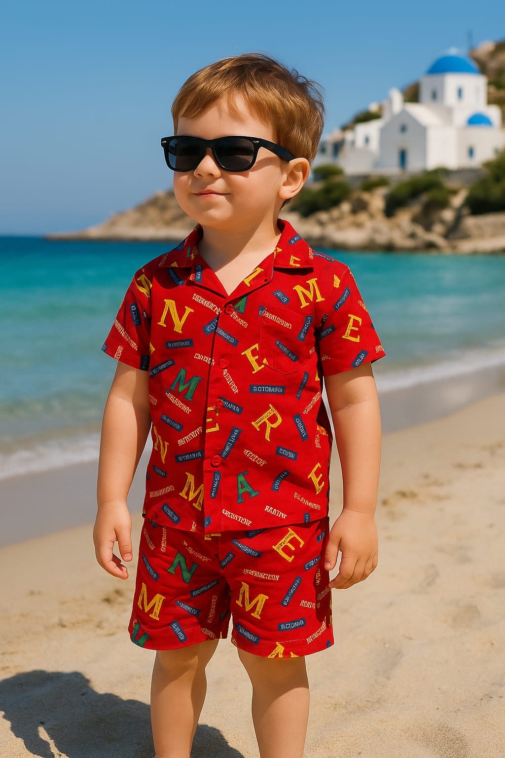 Red alphabet linen suit