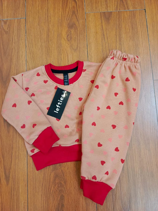 Pink & red heart fleece kids track suit