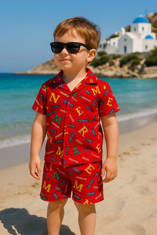 Red alphabet linen suit
